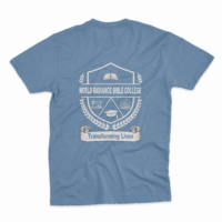 A blue World Radiance Bible College T-shirt.