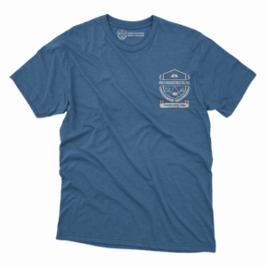 A blue World Radiance Bible College T-shirt.