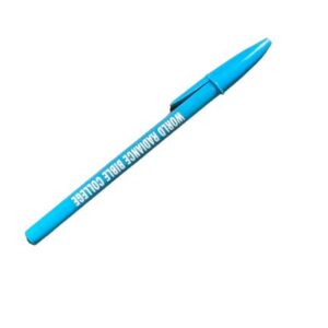 A blue ballpoint pen by World Radiance Bible College.