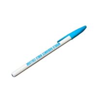 A blue ballpoint pen by World Radiance Bible College.